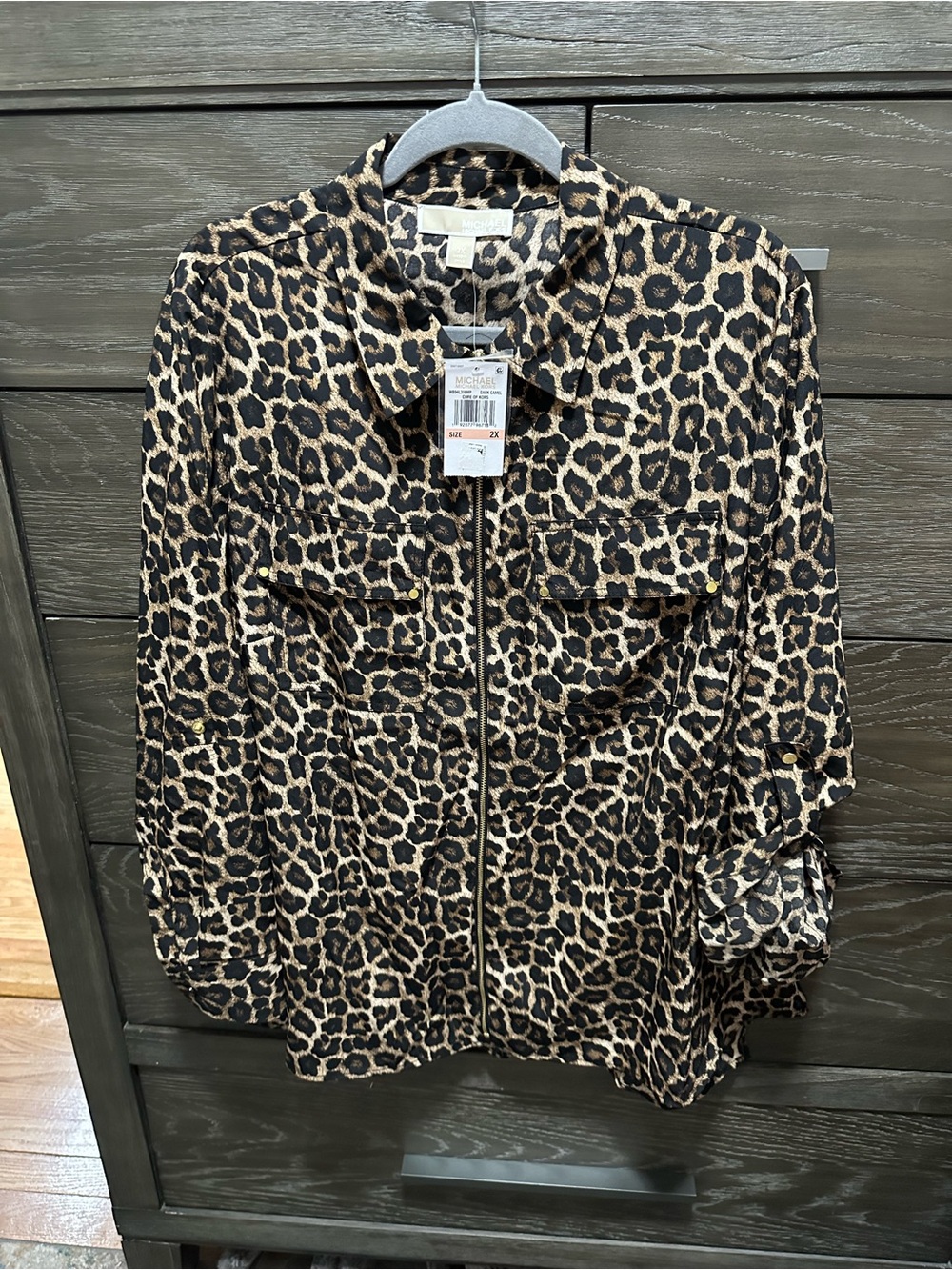 Michael Kors Leopard Print Zip Front Shirt Blouse- Black & Brown